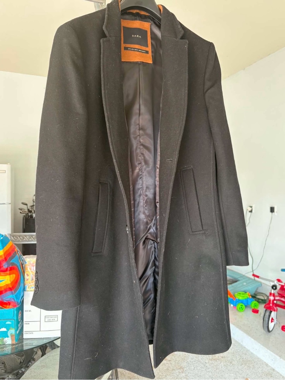ZARA Men's Black Pea Coat with Satin Lining